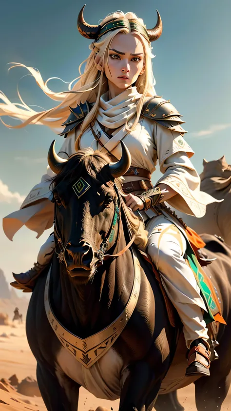 eastern nomad, female, warrior, general, blonde, white thawb, orange patterns, green patterns, (riding on a (big black buffalo))...