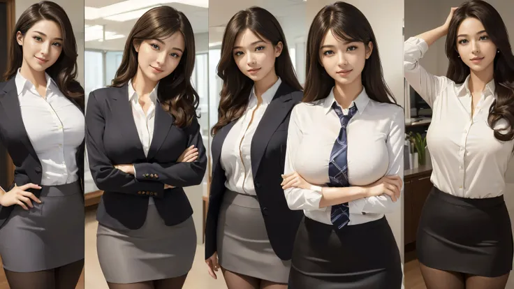 (best quality, masterpiece:1.5), (ultra-detailed, realistic:1.37),4K,(4woman:1.5),(smile:1.3),(4group photo),japanese,cute,beautiful,(big breast),(office suits),(skirt),blouse,(black pantyhose),beauty legs,(sexy pose:1.1),(fold your arms behind your head:1...