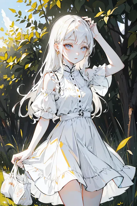 Girl with golden eyes , pale white skin , long white hair , , a somewhat short summer dress , 