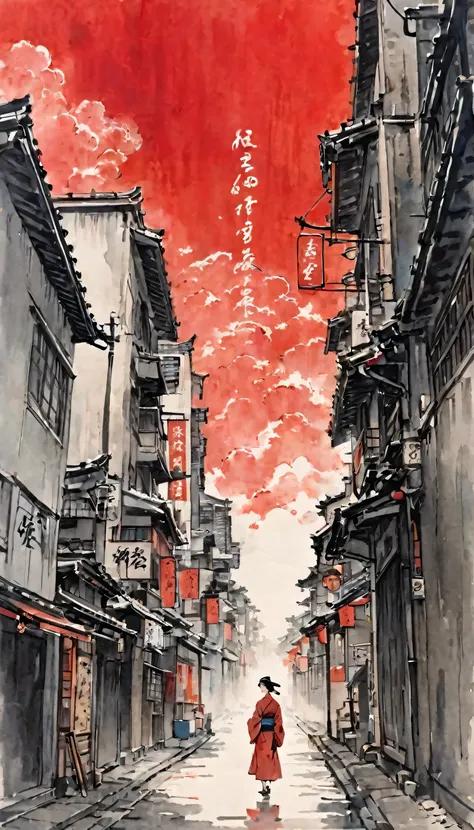 katsushika hokusai、vague、mont、遠くに見えるskyscraper、ink and watercolor、light tones、calligraphy、ink painting　ink painting　drawn with a...