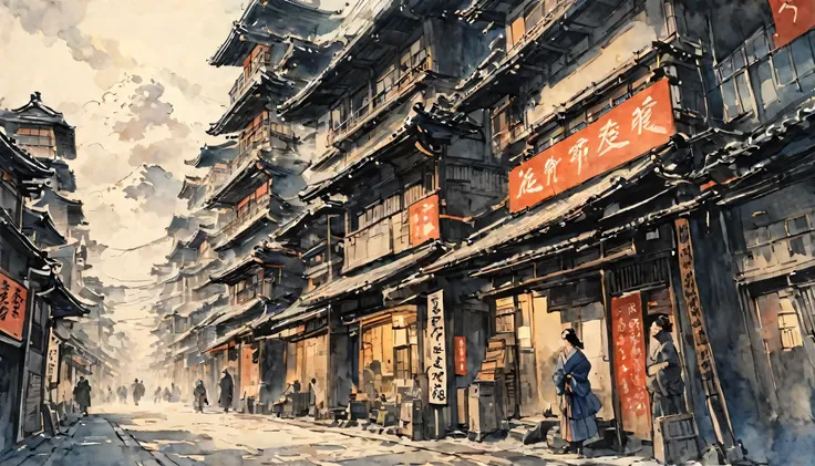 katsushika hokusai、vague、mont、遠くに見えるskyscraper、ink and watercolor、light tones、calligraphy、ink painting　ink painting　drawn with a...