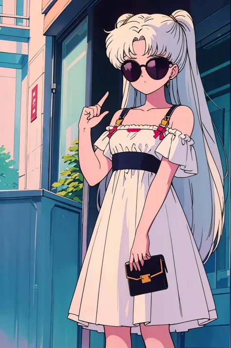 Highest quality,girl,cute,Long Hair,White Hair,Off-the-shoulder dress,sunglasses,sunglassesからコチラを見る,