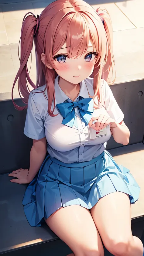 From above, (Squint your eyes:1.2), close, One Girl, blush, sit, nsfw,beautiful girl,Wear a uniform, Light blue skirt, Anime move,Two Side Up