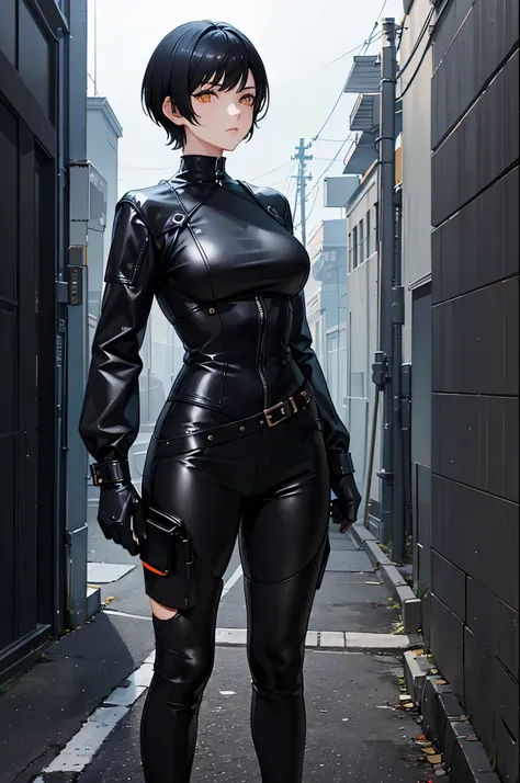 1woman, short hair, black hair, orange eyes, black leather outfit, standing on ground, high res, ultra sharp, 8K, masterpiece