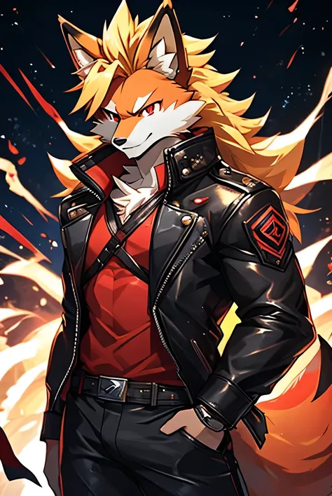 firefox, Male Super Saiyan Blonde Hair， (detailed), Fluffy, Solitary, Meticulous and pragmatic, Exquisite eyes(( Black and red eyes)),，He was wearing a white pair， Standing ，leather jacket，Ghost warriors，Tactical pants , HD 4k 星际firefox ， (detailed), Fluff...