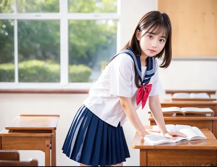 raw photo , 1 girl  ,wearing sailor uniform ,(((ankle length skirt))), ((teen school girl studying on on in the classroom)) , pr...