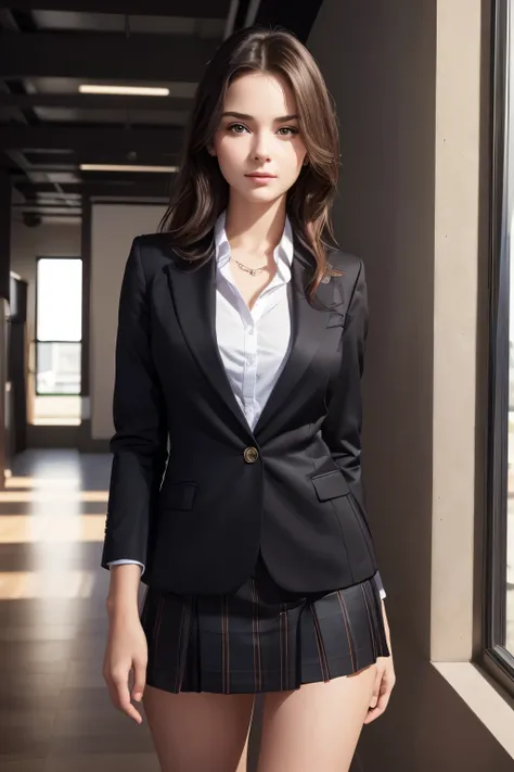 Top Quality, Masterpiece, 1 Girl, Beautiful Face, (Photorealistic Photos:1.3), Rim Lighting, (High Detail Skin:1.2), 8K UHD, DSLR, High Quality, High Definition, 4K, 8K, Bokeh, (Real: 1.3), Small Face, 25 years old, Black Formal Blazer, Short Skirt, Office...