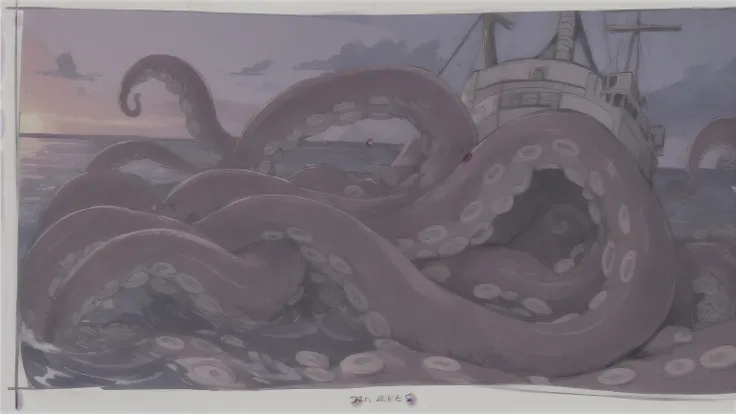 cecaelia, Scylla, ((thick tentacles)), purple, large suction cups, macro, masterpiece, best quality, light smile, ((tentacle wrapping)), red eyes, full body, vore, attacking ship