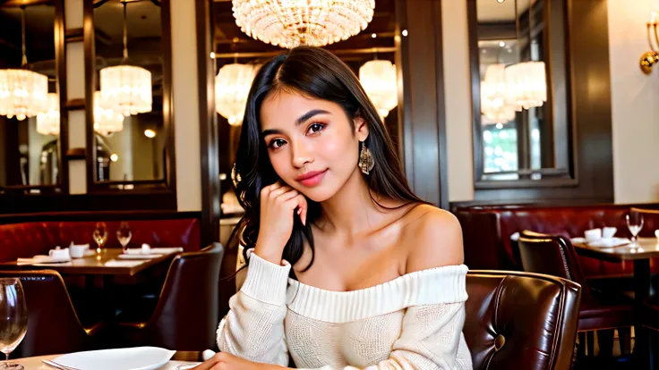 ((best quality)), ((masterpiece)), (detailed), 1girl, off-shoulder sweater, A stunning and stylish Indian college girl sitting in a high-profile restaurant in Mumbai. She is wearing a hot, fashionable dress that accentuates her good figure, exuding the cha...