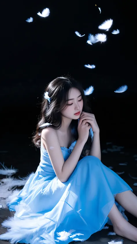 arafed woman in a blue dress sitting on the ground with feathers flying around her, a stunning young ethereal figure, lie on white clouds fairyland, taken with canon eos 5 d mark iv, girl with angel wings, captured on canon eos r 6, girl with feathers, pho...