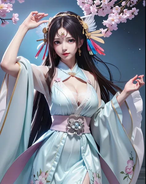 (8k, RAW photo:1.2), best quality, ultra high res,dramatic angle,(fluttered detailed color splashs), (illustration),(((1 girl))),(long hair),(rain:0.9), (Headdress:1.4),There is an ancient palace beside the girl,Hanfu,(Key Points),Color ink painting,(Splas...