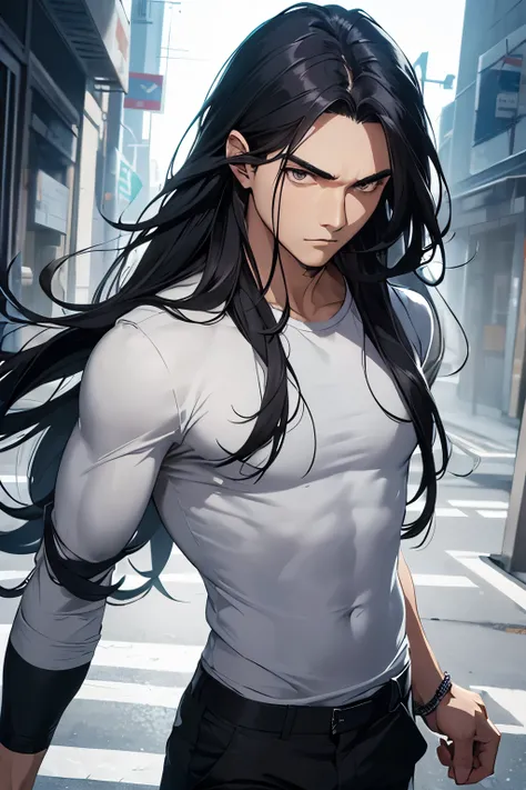 (half body view),(close-up view),A young man with long black hair revealing his forehead, (sharp silver eyes), a toned body, wearing a white shirt and a blue-grey pants, strong walking pose