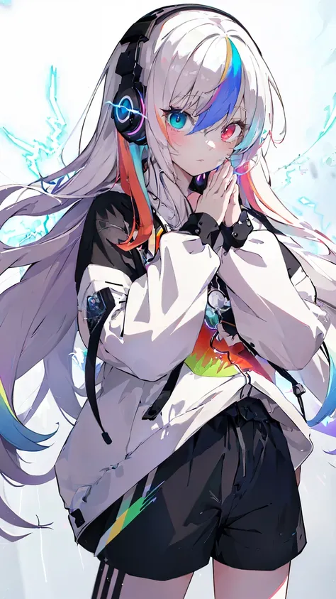 masterpiece, best quality, 1 boy, Long colored hair, Heterochromia, Black headphones, Clothes, shorts, Discharge Aura, rainbow, confusion, lightning, spark, Dynamic illustration, Delicate face, Beautiful illustrations, Good Hand, Good Hand指, Delicate hands...