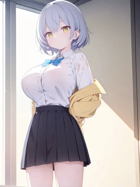 anime, short ashy hair, white skin, wearing a black skirt.,Pastel yellow cardigan, light yellow eyes, back hair, Not smiling, fierce face, big breasts