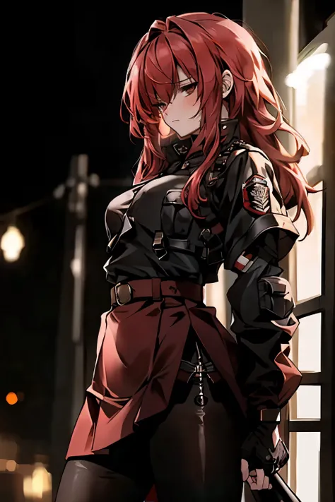 ((best quality)), ((Masterpiece)), (details), 1 girl, SWAT uniform, Curtain bangs, red hair, short skirt, big breasts, city background, night, angry, เหมือนจริง, 8k, natural lighting, soft lighting, sunlight, HDR (High Dynamic Range), Maximum Clarity And S...