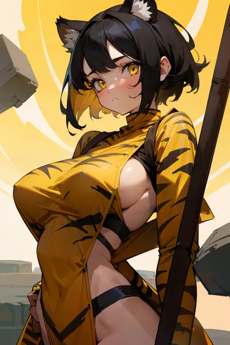 Cute girl, primitive girl, short black hair, yellow eyes, stone age clothes, big breasts, wearing tiger skin