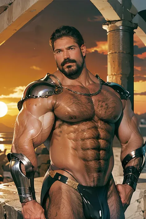 old man knight, wearing silver armor, revealing armor, busy medieval Mediterranean city background, muscular, wearing armor, nice bulge, sweaty body, sun going down, golden hour, latex, sexy armor, 