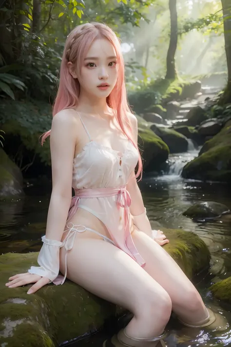 rose from blackpink, pink hair, (full body), wearing medieval long cotton nightie clothes, sitting on a rock, feet in the water,...