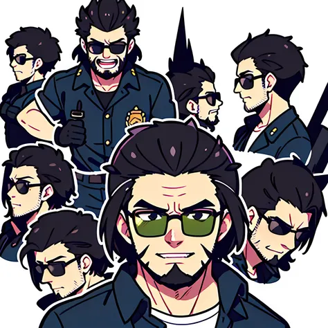 solo, sideview, (very short black spiky hair), big forehead, sunglasses, beard:0.1, male eyes, male nose, male mouth, nihilistic laugh, firefighter clothes,(white simple background)