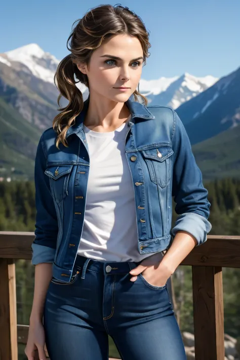 Keri Russell, breack, Top Quality, Masterpiece, 1 Girl, Beautiful Face, (Photorealistic Photos:1.3), Rim Lighting, (High Detail Skin:1.2), 8K UHD, DSLR, High Quality, High Definition, 4K, 8K, Bokeh, (Real: 1.3), Small Face, 25 years old, jeans and jacket, ...