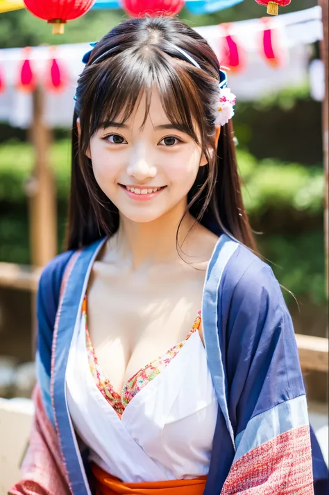 A very cute face like an idol、like々A 19-year-old woman with a cute face、Gentle and cute、A kind smile、(a casual cotton kimono)、Cleavage、Japanese festivals、(Full body portrait)、RAW Photos、Genuine、High resolution