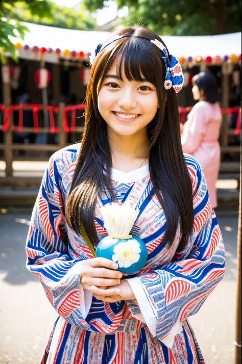 A very cute face like an idol、like々A 19-year-old woman with a cute face、Gentle and cute、A kind smile、((Cute long-sleeved Japanese yukata))、(Japanese festivals)、(Full body portrait)、RAW Photos、Genuine、High resolution