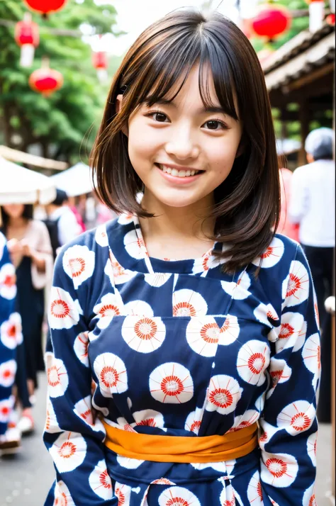 A very cute face like an idol、like々A 19-year-old woman with a cute face、Gentle and cute、A kind smile、((Cute long-sleeved Japanese yukata))、(Japanese festivals)、(Full body portrait)、RAW Photos、Genuine、High resolution