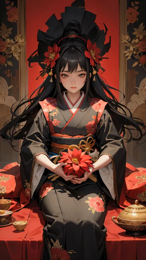 highest quality, pixiv, black hair, hair ornaments, kimono, hair flower, flower, kimono, mask, one girl, sitting, long hair, wit...