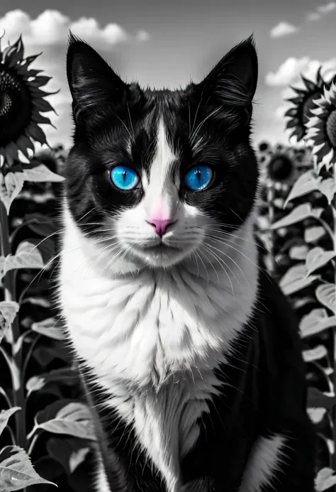 a black and white cat,1 cat,field of colorful sunflowers,sunflowers,blue eyes,pink nose,high contrast,color pop,vibrant colors,dramatic lighting,cinematic,chiaroscuro,photorealistic,8k,hyper detailed,masterpiece,professional