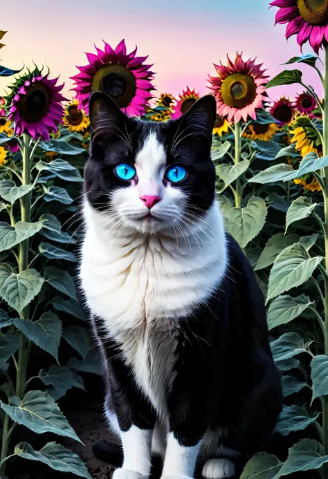 a black and white cat,1 cat,field of colorful sunflowers,sunflowers,blue eyes,pink nose,high contrast,color pop,vibrant colors,dramatic lighting,cinematic,chiaroscuro,photorealistic,8k,hyper detailed,masterpiece,professional
