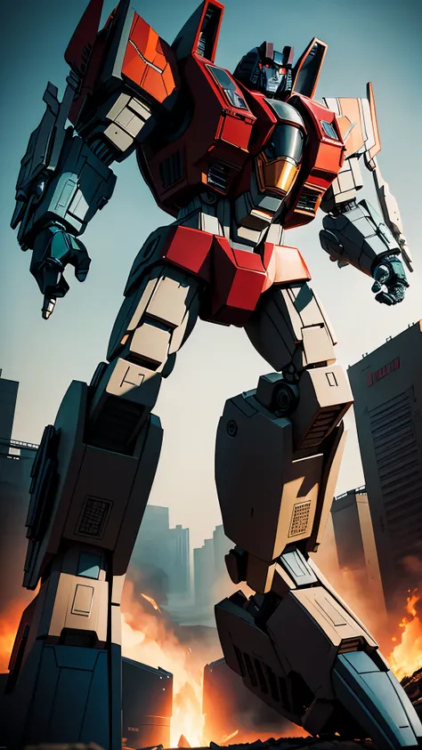 masterpiece,solo, volumetric lighting, best quality, intricate details , autobot, full body, glowing eyes, insignia, machinery, mecha, no humans, robot, solo, clenched hand,in expressway,realistic, looking at viewer,fighting stance,holding weapon,