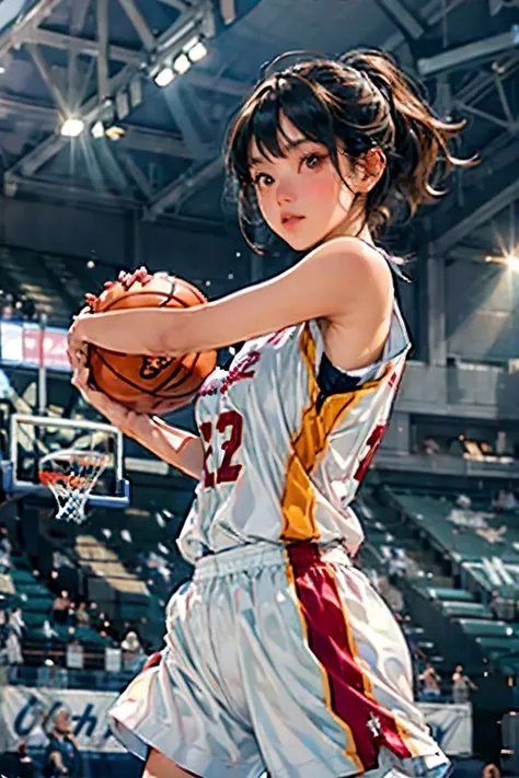 ((female basketball player))、young and beautiful girl、美しい顔のdetailedな描写、alone、(scence of slam dunk)、(dunk shot)、(jumping chute)、g...