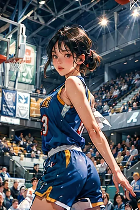 ((female basketball player))、young and beautiful girl、美しい顔のdetailedな描写、alone、(scence of slam dunk)、(dunk shot)、(jumping chute)、b...