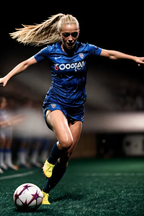 a cute female soccer player is running after the ball inside soccer_field, rolling ball, full body, flowing blonde hair, blue ey...