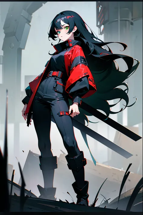 Masterpiece, 8k, a girl with long, wavy jet black hair and heterochromia (one blue eye and one green eye). She is dressed in red and black baggy modern clothing, paired with black boots. The scene is set in a foggy background. Standing on path