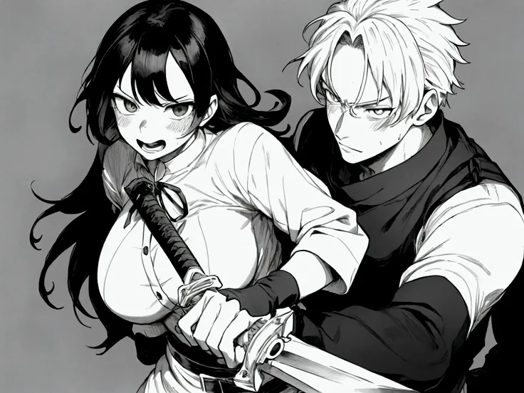 A man with wierd expression putting his sword at neck of a woman, black and white manga image