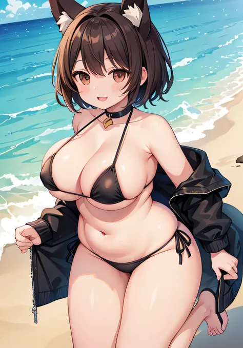 Highest quality、Big Breasts、Dog ears、Black Bikini、Brown eyes、short hair、smile、plump thighs、Ocean