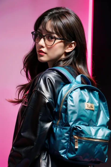 (front view:1.4), close-up portrait, (1girl:1.5), 30 year old, solo, orange spacesuit, bangs, brown(long hair), bag, blurry_background, purple neon light, backpack, zipper, urban techwear, outfit, rayban sunglasses