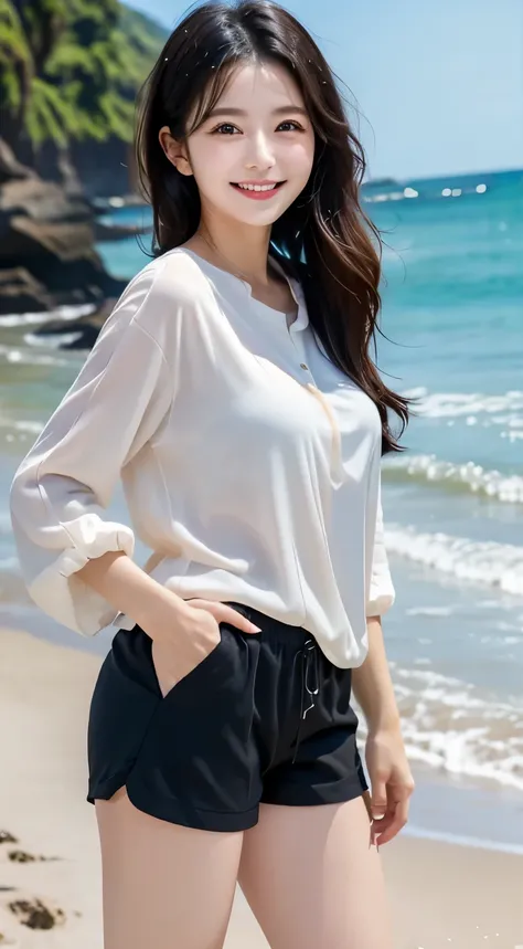 A woman with a natural smile, tilting her head slightly and looking at the camera。With straight black hair、Natural makeup。Shooting on the beach with waves lapping。Less exposure、Wearing a shirt and shorts