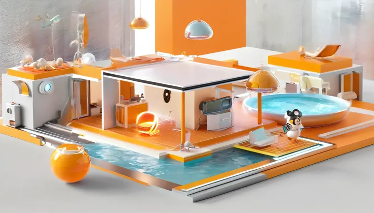 house,Technology,future,2074,light,Super big and cute,Orange,cartoon,3d,Disney animation style,panoramic,Super Fine,Ultra Detailed,Ultra HD