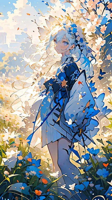 (Mastepiece), (Best Quality), Very detailed, 1 girl, Solo full body shot, Perfect Face, beautiful girl, Very detailedな顔，(Long white hair:1.5)，(blue eyes:1.4)，(Lots of butterflies々:1.2)、(Flower Field:1.4)、(Lots of petals:1.3)、(gem:1.3)、(smile:1.3)