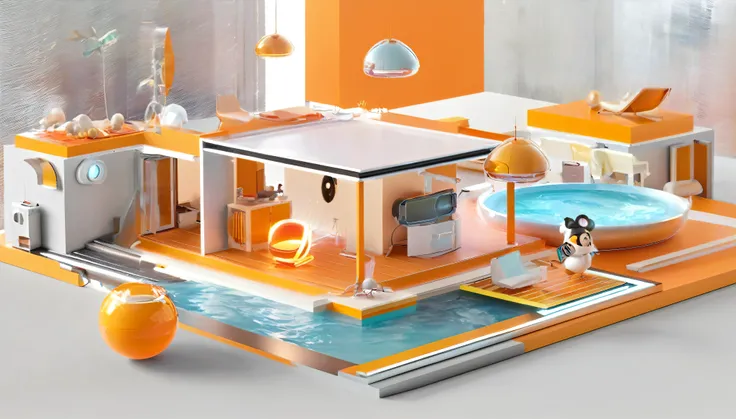 house,Technology,future,2074,light,Super big and cute,Orange,cartoon,3d,Disney animation style,panoramic,Super Fine,Ultra Detailed,Ultra HD
