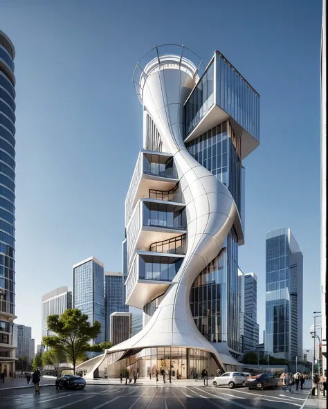 SYJZ,This is a picture of architectural design. There is a modern building in the picture. The exterior design of the building is composed of multiple curves,the color of the curves is white,and the material of the curves is metal. There are some shops und...