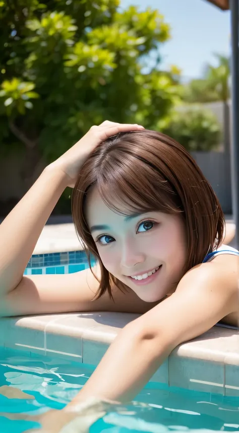 A woman with a modest smile。With short brown hair、Bright eyes。Poolside photography。I&#39;m taking a break at the pool so I&#39;m wearing clothes.