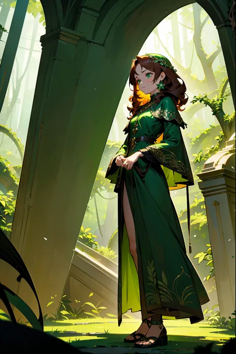 Masterpiece, 8k, a girl with curly, shoulder-length auburn hair and emerald green eyes, wearing a dark green dress with intricate leaf patterns, paired with brown sandals. She stands in an ancient ruin with overgrown vines and a mystical aura. Standing on ...