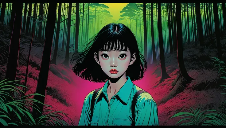 An illustration、art、80s Thai horror movie poster, Supervised by Junji Ito、(forest:1.2)、High 、Attention to detail, Realistic Shadows、Analog Style, chromatic aberration, Surrealism、Complementary Gradient
