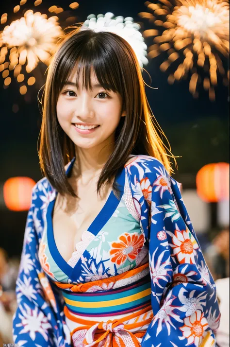 Very cute face like a 16-year-old idol、like々A 20-year-old woman with a cute face、Gentle and cute、A kind smile、(((A cute traditional Japanese long-sleeved yukata)))、(Watching fireworks at a Japanese fireworks festival)、(((Full body portrait)))、(((Her chest ...