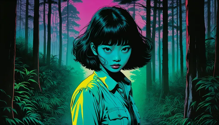 An illustration、art、80s Thai horror movie poster, Supervised by Junji Ito、(forest:1.2)、High 、Attention to detail, Realistic Shadows、Analog Style, chromatic aberration, Surrealism、Complementary Gradient