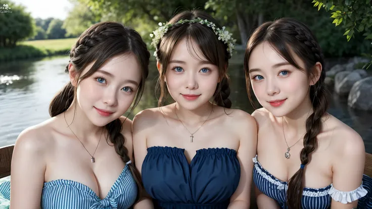 ( 3 girls),smile、Look into the camera、necklace、Hair in braids, navy strapless dress、The material is smooth and flexible.、exposed upper arms、Blue-green striped knee-length socks Extra long twin tail hair、close range shooting、Flower Hair Ornaments、Blindfold、...