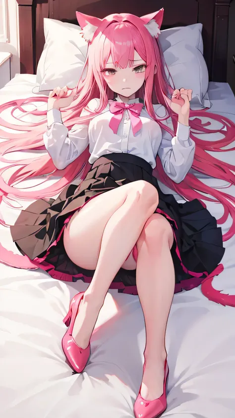 ((Best quality)), ((masterpiece)), (detailed), (In detail) naked 02 (Darling in France) in a big wet black and pink skirt in red panties and pink heels , pink long hair, , lying on the back of the bed, cat ears, scared face, Sad face